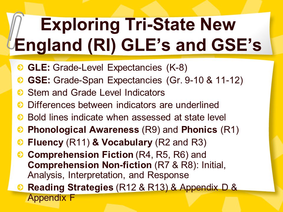Exploring Tri-State New England (RI) GLE’s and GSE’s GLE: Grade-Level Expectancies (K-8) GSE: Grade-Span Expectancies (Gr.
