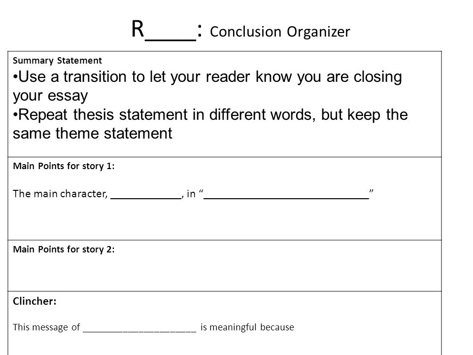 R____: Conclusion Organizer Summary Statement Use a transition to let your reader know you are closing your essay Repeat thesis statement in different words, but keep the same theme statement Main Points for story 1: The main character, ____________, in ____________________________ Main Points for story 2: Clincher: This message of ______________________ is meaningful because