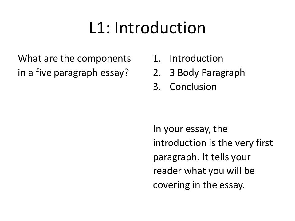 L1: Introduction What are the components in a five paragraph essay.