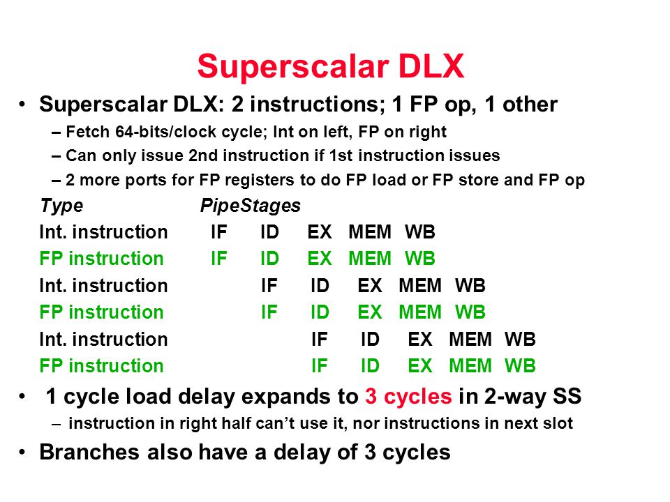 Superscalar DLX Superscalar DLX: 2 instructions; 1 FP op, 1 other – Fetch 64-bits/clock cycle; Int on left, FP on right – Can only issue 2nd instruction if 1st instruction issues – 2 more ports for FP registers to do FP load or FP store and FP op TypePipeStages Int.