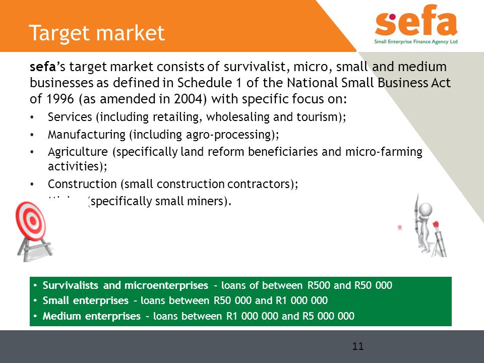 sefa’s target market consists of survivalist, micro, small and medium businesses as defined in Schedule 1 of the National Small Business Act of 1996 (as amended in 2004) with specific focus on: Services (including retailing, wholesaling and tourism); Manufacturing (including agro-processing); Agriculture (specifically land reform beneficiaries and micro-farming activities); Construction (small construction contractors); Mining (specifically small miners).