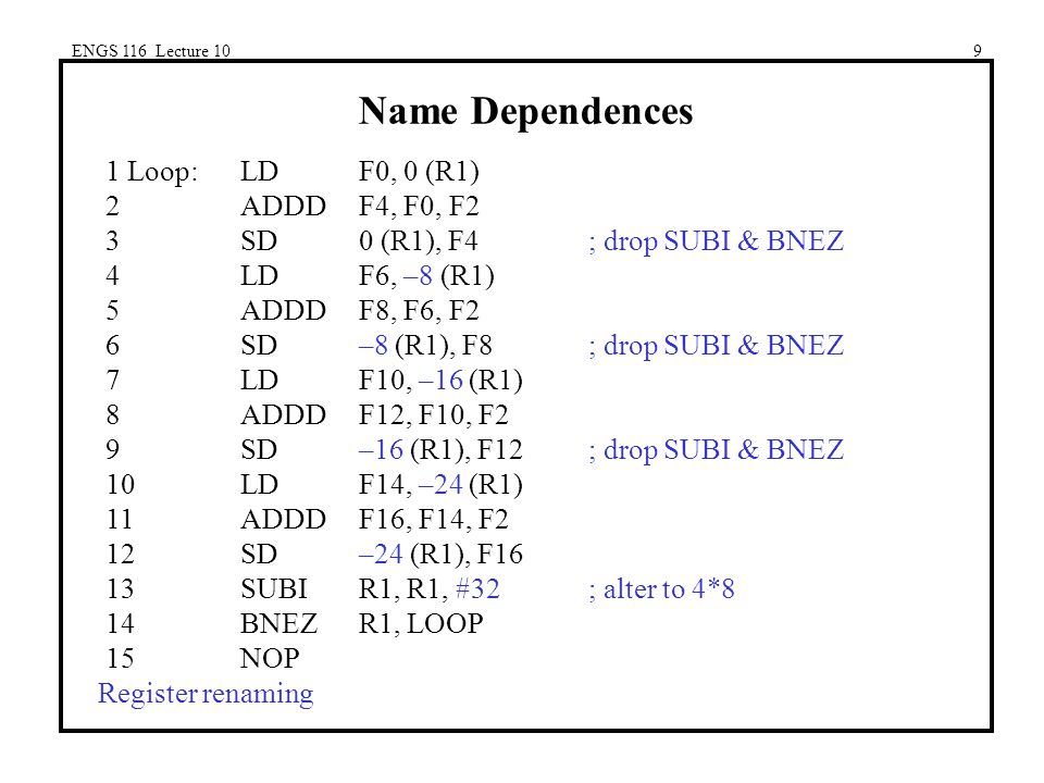 ENGS 116 Lecture 109 Name Dependences 1 Loop:LDF0, 0 (R1) 2ADDDF4, F0, F2 3SD0 (R1), F4 ; drop SUBI & BNEZ 4LDF6, –8 (R1) 5ADDDF8, F6, F2 6SD–8 (R1), F8 ; drop SUBI & BNEZ 7LDF10, –16 (R1) 8ADDDF12, F10, F2 9SD–16 (R1), F12 ; drop SUBI & BNEZ 10LDF14, –24 (R1) 11ADDDF16, F14, F2 12SD–24 (R1), F16 13SUBIR1, R1, #32; alter to 4*8 14BNEZR1, LOOP 15NOP Register renaming