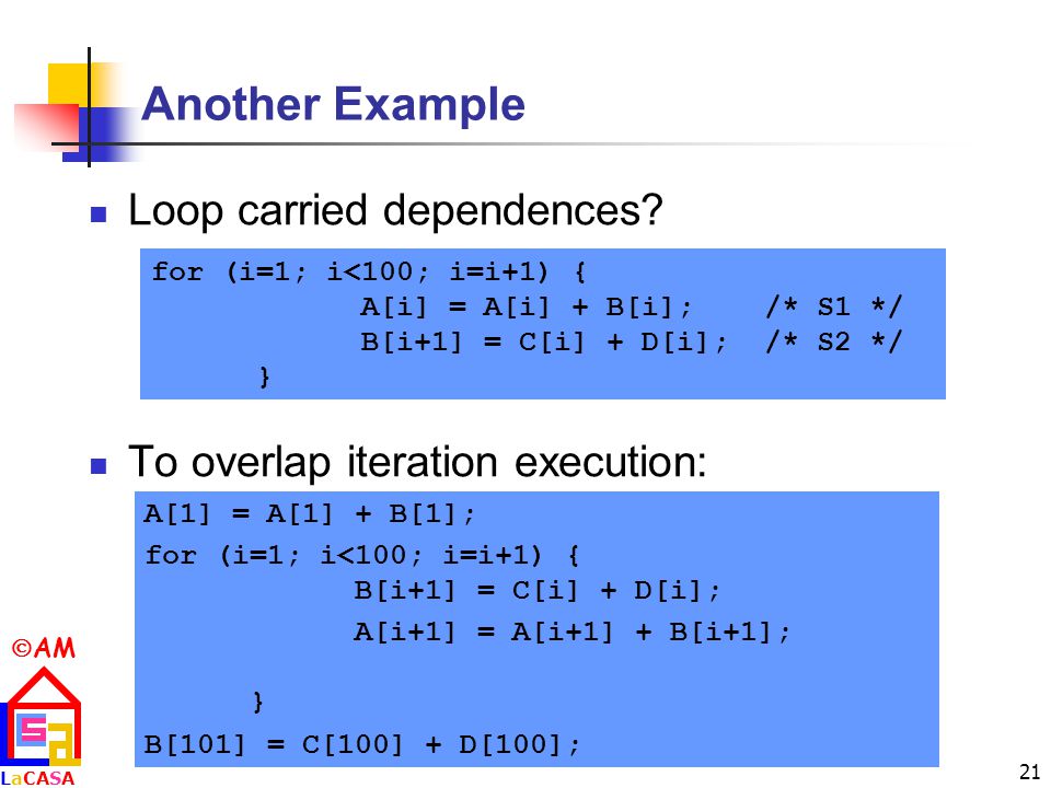  AM LaCASALaCASA 21 Another Example Loop carried dependences.