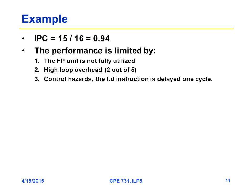 4/15/2015CPE 731, ILP5 11 Example IPC = 15 / 16 = 0.94 The performance is limited by: 1.The FP unit is not fully utilized 2.High loop overhead (2 out of 5) 3.Control hazards; the l.d instruction is delayed one cycle.