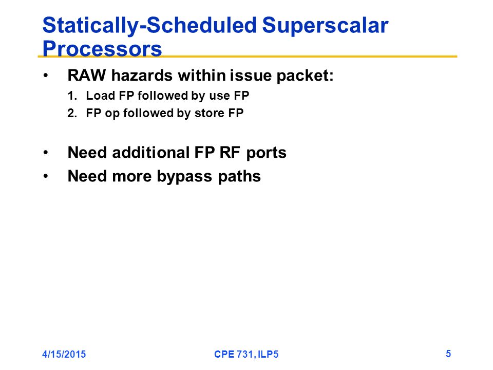 4/15/2015CPE 731, ILP5 5 Statically-Scheduled Superscalar Processors RAW hazards within issue packet: 1.Load FP followed by use FP 2.FP op followed by store FP Need additional FP RF ports Need more bypass paths