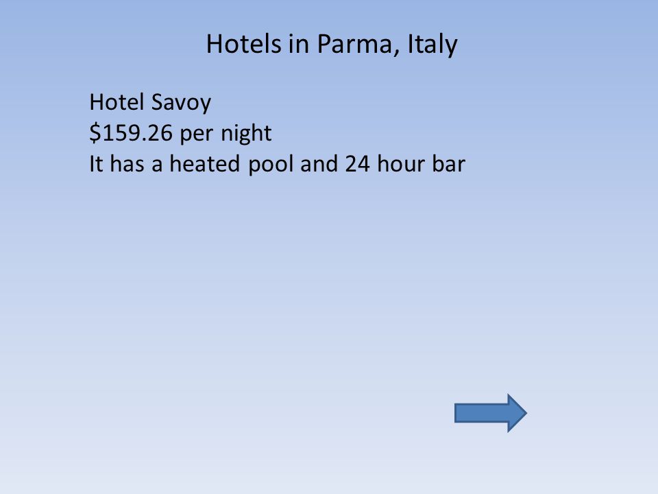 Hotels in Parma, Italy Hotel Savoy $ per night It has a heated pool and 24 hour bar