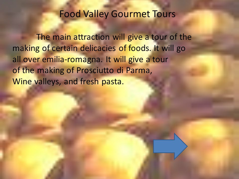 Food Valley Gourmet Tours The main attraction will give a tour of the making of certain delicacies of foods.