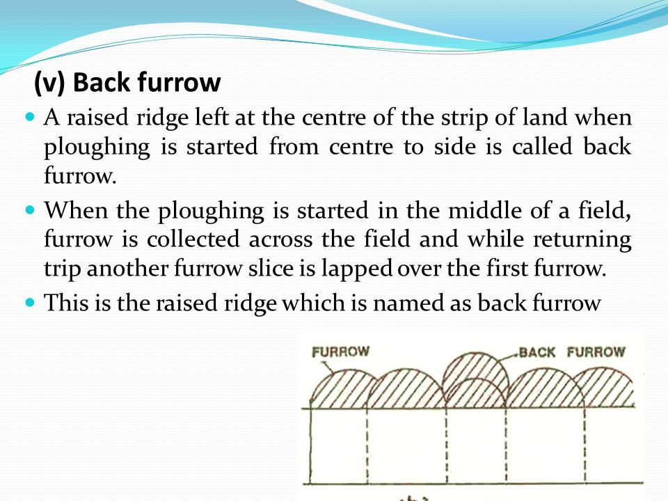 (v) Back furrow A raised ridge left at the centre of the strip of land when ploughing is started from centre to side is called back furrow.