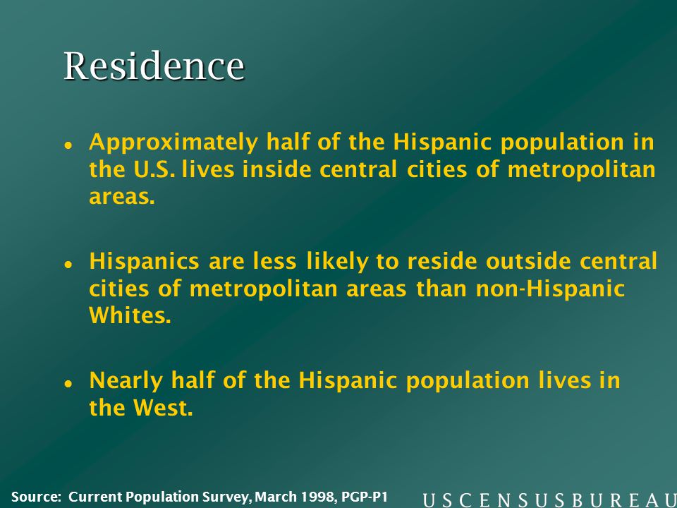 Residence Approximately half of the Hispanic population in the U.S.