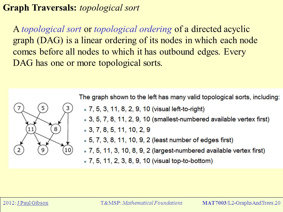 2012: J Paul GibsonT&MSP: Mathematical FoundationsMAT7003/L2-GraphsAndTrees.20 Graph Traversals: topological sort A topological sort or topological ordering of a directed acyclic graph (DAG) is a linear ordering of its nodes in which each node comes before all nodes to which it has outbound edges.
