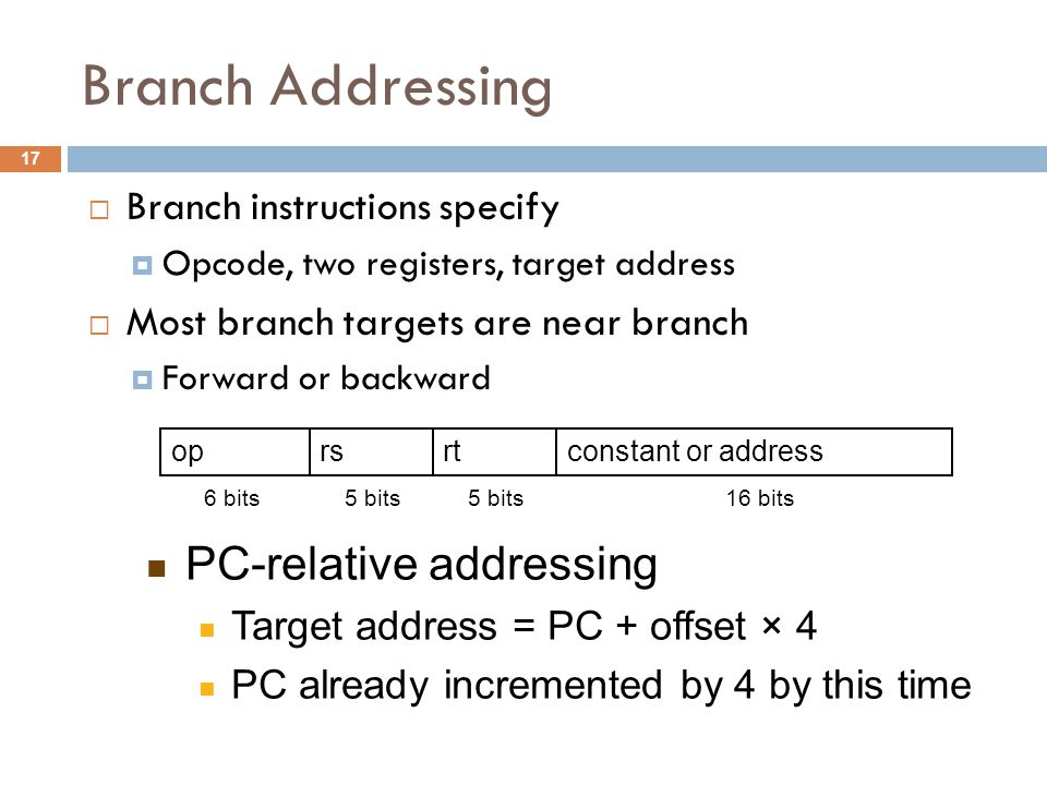 Branch Addressing  Branch instructions specify  Opcode, two registers, target address  Most branch targets are near branch  Forward or backward oprsrtconstant or address 6 bits5 bits 16 bits PC-relative addressing Target address = PC + offset × 4 PC already incremented by 4 by this time 17