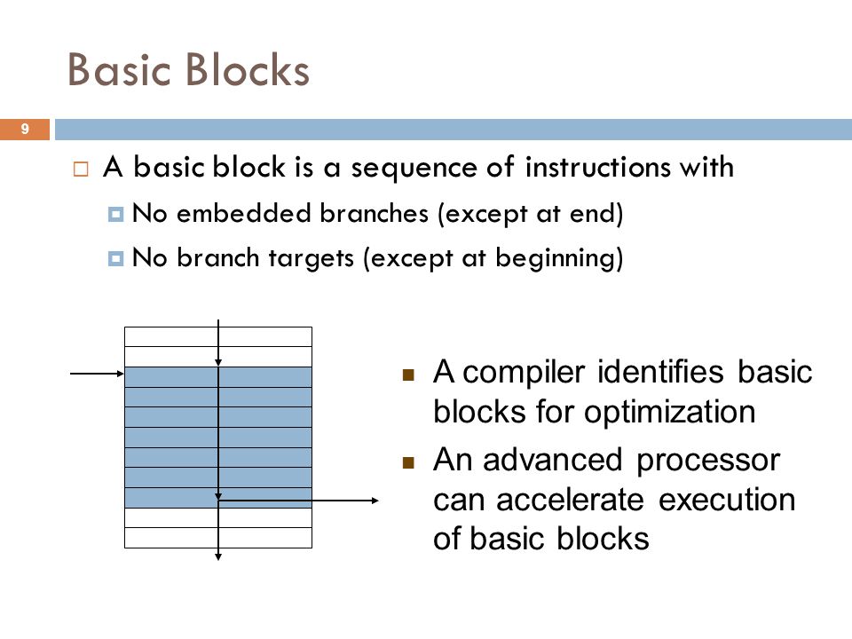 Basic Blocks  A basic block is a sequence of instructions with  No embedded branches (except at end)  No branch targets (except at beginning) A compiler identifies basic blocks for optimization An advanced processor can accelerate execution of basic blocks 9