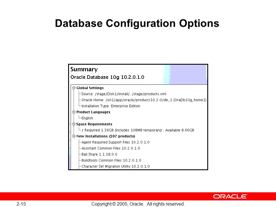 2-15 Copyright © 2005, Oracle. All rights reserved. Database Configuration Options