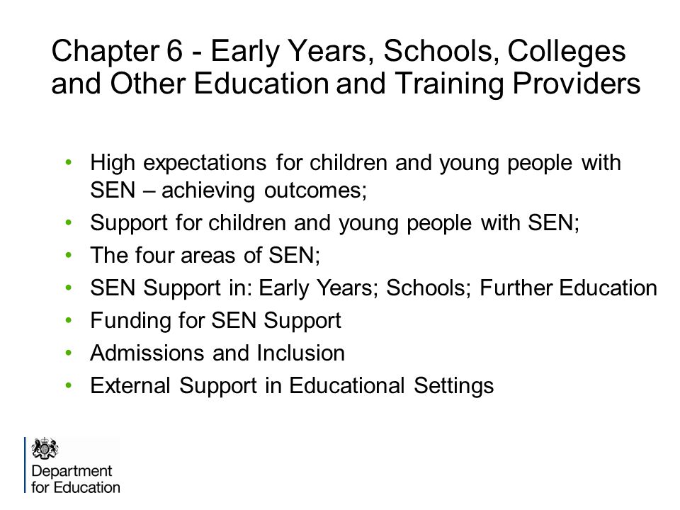 Chapter 6 - Early Years, Schools, Colleges and Other Education and Training Providers High expectations for children and young people with SEN – achieving outcomes; Support for children and young people with SEN; The four areas of SEN; SEN Support in: Early Years; Schools; Further Education Funding for SEN Support Admissions and Inclusion External Support in Educational Settings