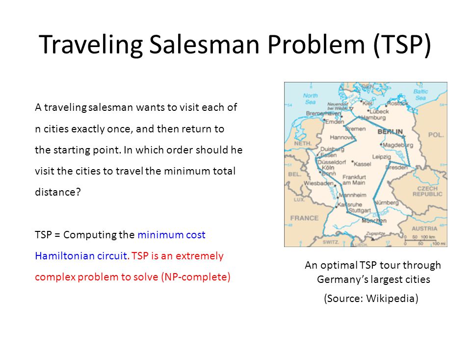 Traveling Salesman Problem (TSP) A traveling salesman wants to visit each of n cities exactly once, and then return to the starting point.