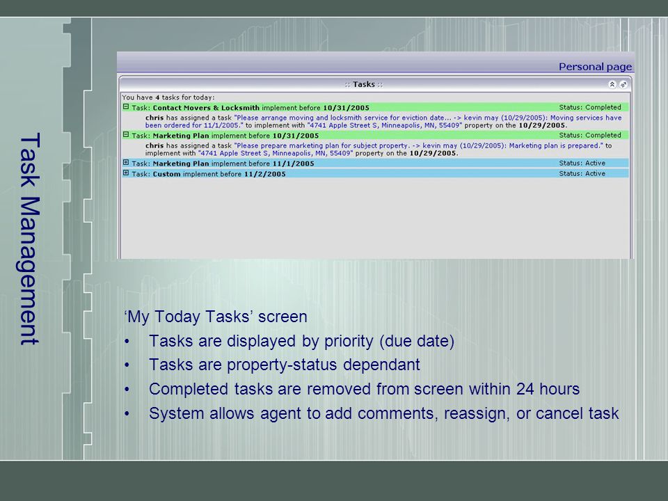 Task Management ‘My Today Tasks’ screen Tasks are displayed by priority (due date) Tasks are property-status dependant Completed tasks are removed from screen within 24 hours System allows agent to add comments, reassign, or cancel task