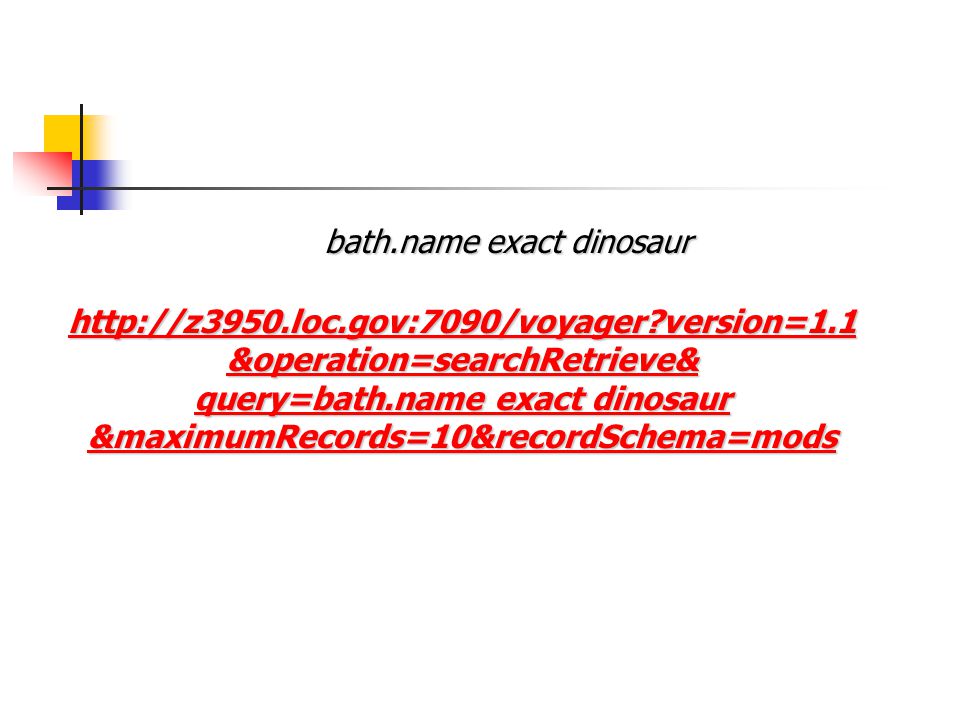 version=1.1 &operation=searchRetrieve& query=bath.name exact dinosaur query=bath.name exact dinosaur &maximumRecords=10&recordSchema=mods bath.name exact dinosaur