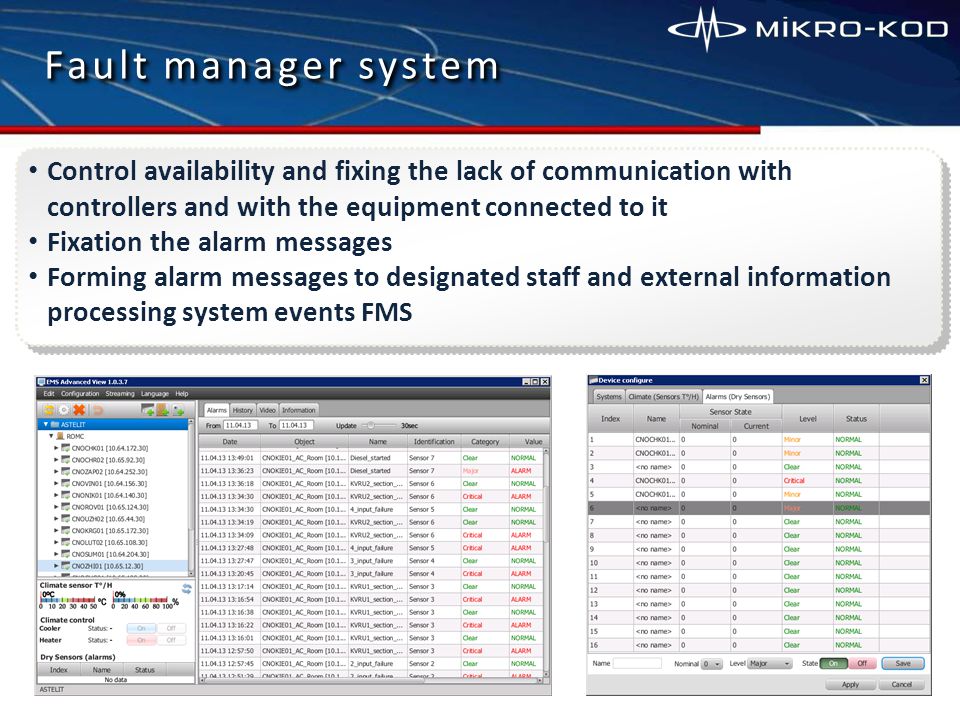 Fault manager system Control availability and fixing the lack of communication with controllers and with the equipment connected to it Fixation the alarm messages Forming alarm messages to designated staff and external information processing system events FMS