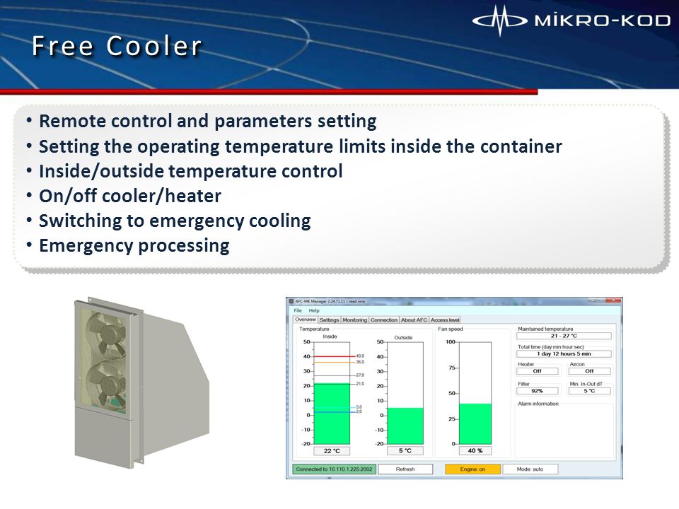 Free Cooler Remote control and parameters setting Setting the operating temperature limits inside the container Inside/outside temperature control On/off cooler/heater Switching to emergency cooling Emergency processing