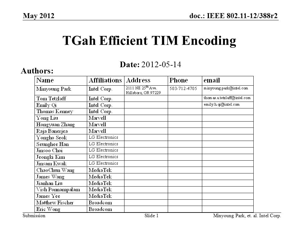 doc.: IEEE /388r2 Submission TGah Efficient TIM Encoding Date: Authors: May 2012 Minyoung Park, et.