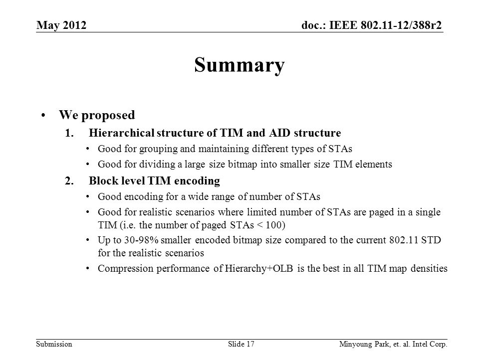 doc.: IEEE /388r2 Submission Summary We proposed 1.Hierarchical structure of TIM and AID structure Good for grouping and maintaining different types of STAs Good for dividing a large size bitmap into smaller size TIM elements 2.Block level TIM encoding Good encoding for a wide range of number of STAs Good for realistic scenarios where limited number of STAs are paged in a single TIM (i.e.