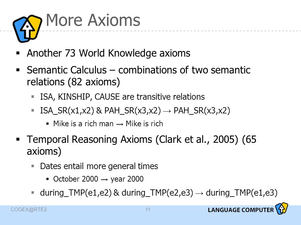More Axioms  Another 73 World Knowledge axioms  Semantic Calculus – combinations of two semantic relations (82 axioms)  ISA, KINSHIP, CAUSE are transitive relations  ISA_SR(x1,x2) & PAH_SR(x3,x2) → PAH_SR(x3,x2)  Mike is a rich man → Mike is rich  Temporal Reasoning Axioms (Clark et al., 2005) (65 axioms)  Dates entail more general times  October 2000 → year 2000  during_TMP(e1,e2) & during_TMP(e2,e3) → during_TMP(e1,e3)