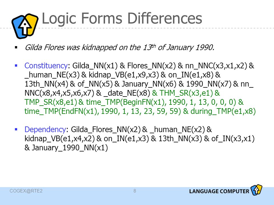 Logic Forms Differences  Gilda Flores was kidnapped on the 13 th of January 1990.