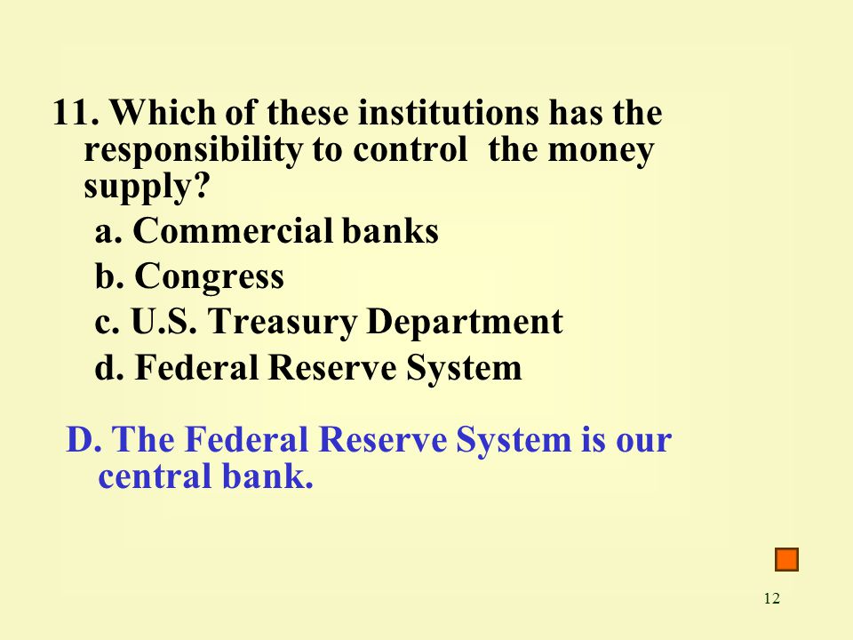 Which of these institutions has the responsibility to control the money supply.