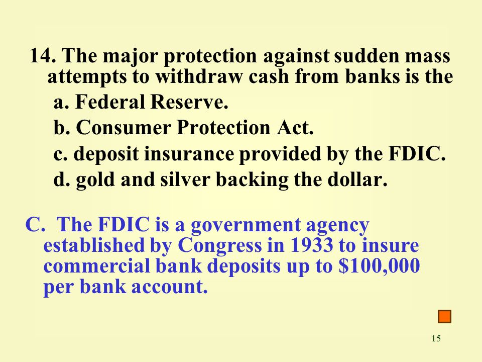 The major protection against sudden mass attempts to withdraw cash from banks is the a.