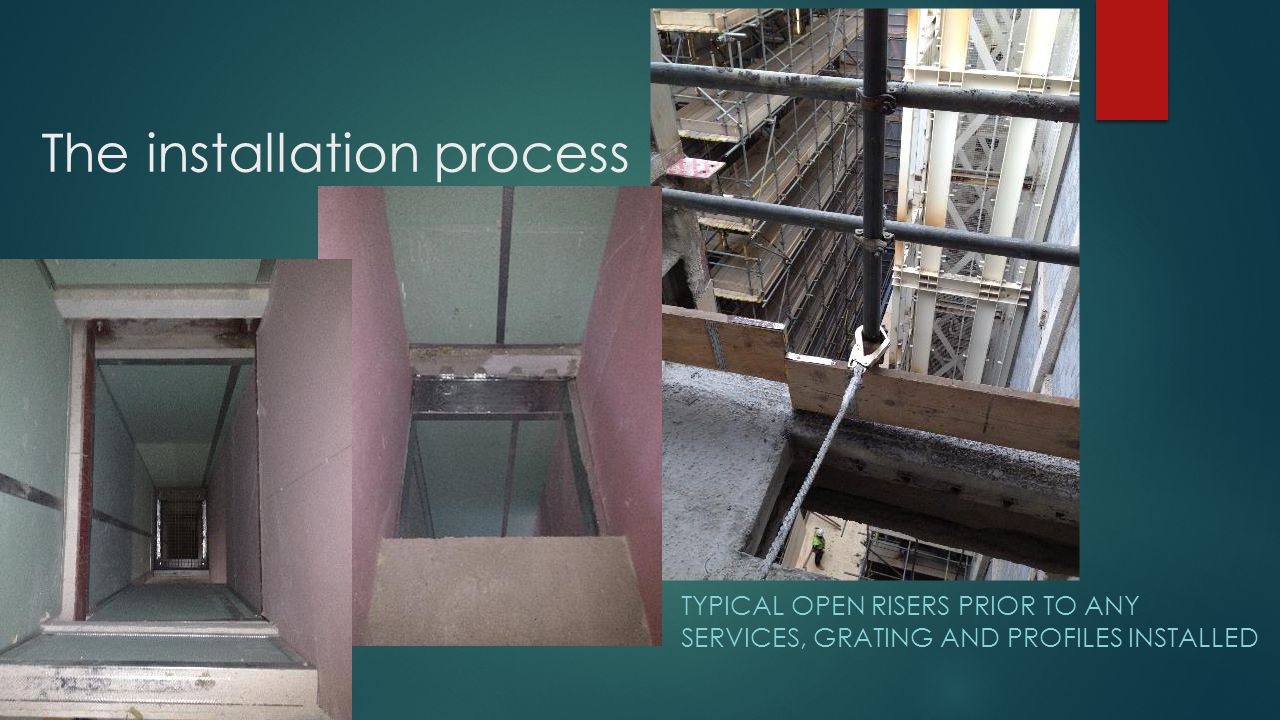 The installation process TYPICAL OPEN RISERS PRIOR TO ANY SERVICES, GRATING AND PROFILES INSTALLED