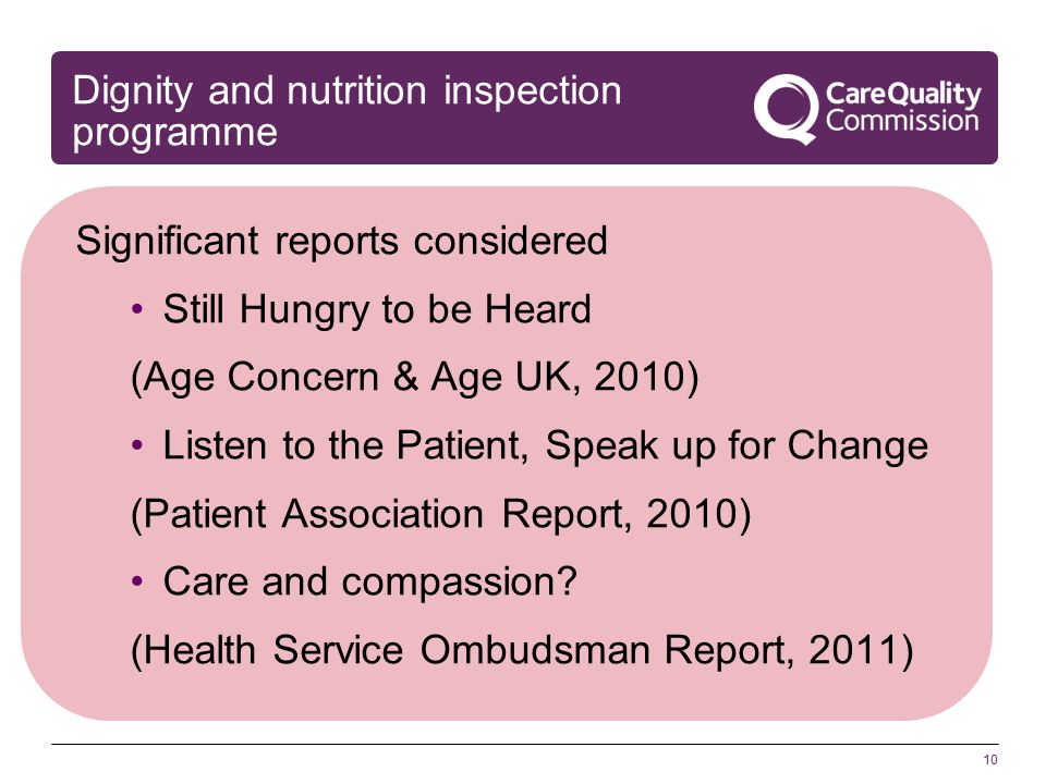 10 Dignity and nutrition inspection programme Significant reports considered Still Hungry to be Heard (Age Concern & Age UK, 2010) Listen to the Patient, Speak up for Change (Patient Association Report, 2010) Care and compassion.
