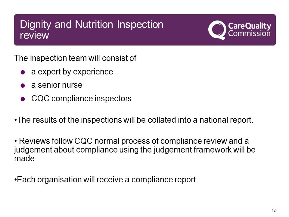 12 Dignity and Nutrition Inspection review The inspection team will consist of  a expert by experience  a senior nurse  CQC compliance inspectors The results of the inspections will be collated into a national report.