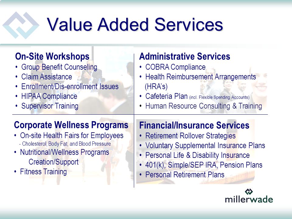 Value Added Services Administrative Services COBRA Compliance Health Reimbursement Arrangements (HRA’s) Cafeteria Plan (incl.