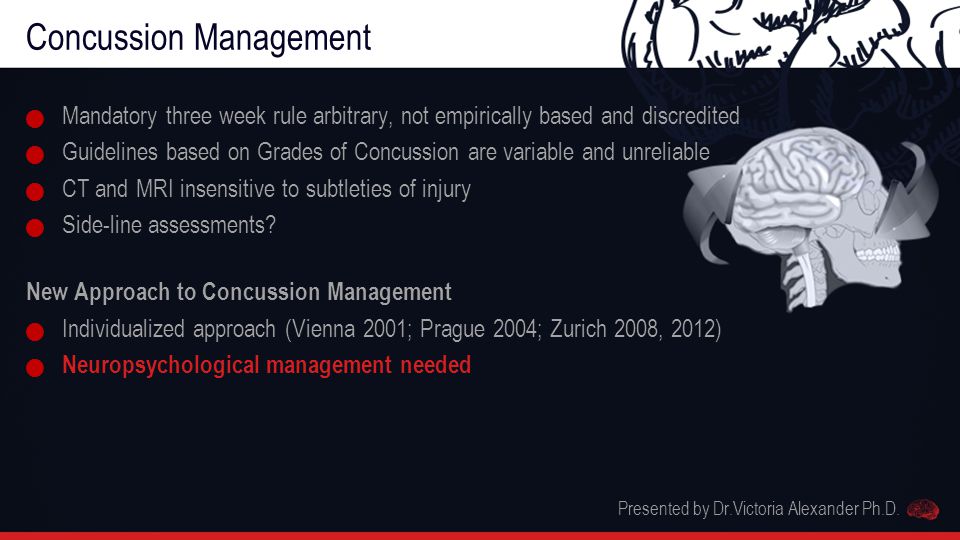 Concussion Management Mandatory three week rule arbitrary, not empirically based and discredited Guidelines based on Grades of Concussion are variable and unreliable CT and MRI insensitive to subtleties of injury Side-line assessments.