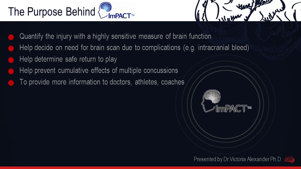 The Purpose Behind ImPACT Quantify the injury with a highly sensitive measure of brain function Help decide on need for brain scan due to complications (e.g.