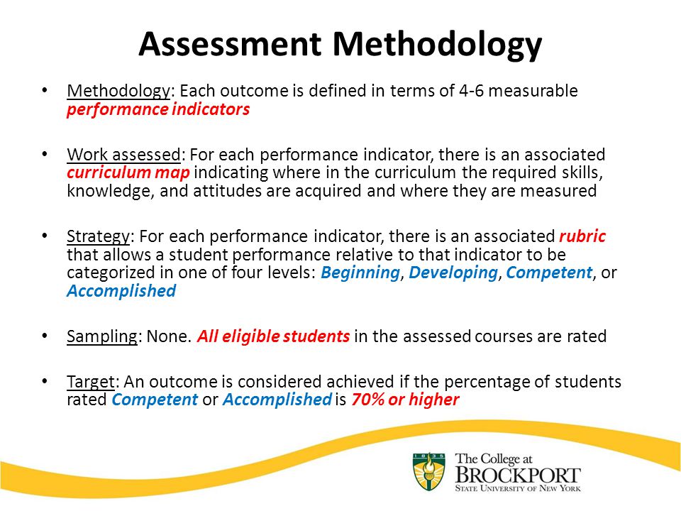 Assessment Methodology Methodology: Each outcome is defined in terms of 4-6 measurable performance indicators Work assessed: For each performance indicator, there is an associated curriculum map indicating where in the curriculum the required skills, knowledge, and attitudes are acquired and where they are measured Strategy: For each performance indicator, there is an associated rubric that allows a student performance relative to that indicator to be categorized in one of four levels: Beginning, Developing, Competent, or Accomplished Sampling: None.