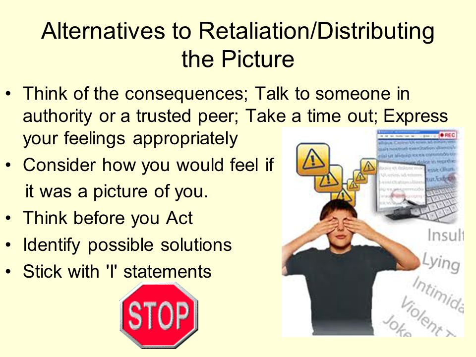 Alternatives to Retaliation/Distributing the Picture Think of the consequences; Talk to someone in authority or a trusted peer; Take a time out; Express your feelings appropriately Consider how you would feel if it was a picture of you.