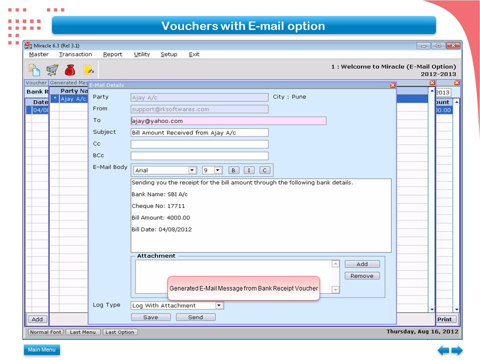 Main Menu Vouchers with  option Generated  Message from Bank Receipt Voucher