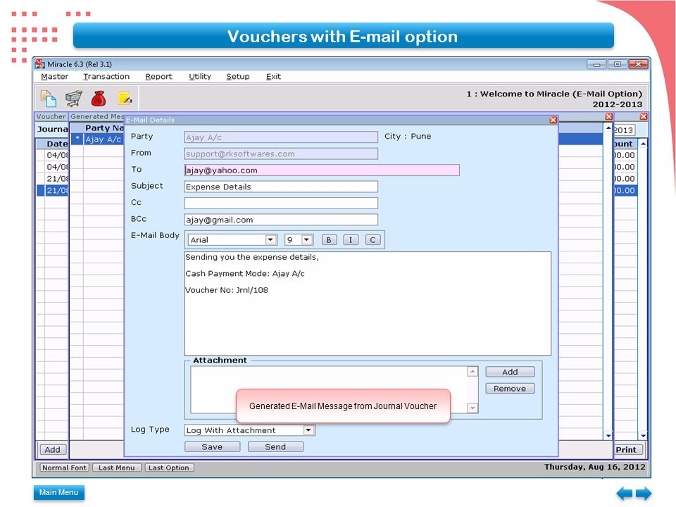 Main Menu Vouchers with  option Generated  Message from Journal Voucher
