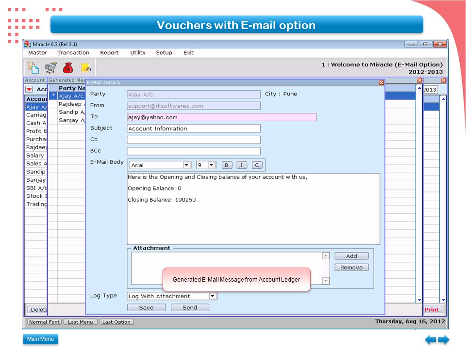 Main Menu Vouchers with  option Generated  Message from Account Ledger