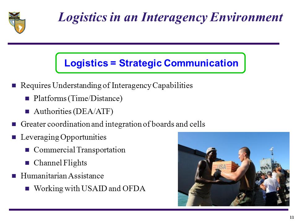 11 Logistics in an Interagency Environment Requires Understanding of Interagency Capabilities Platforms (Time/Distance) Authorities (DEA/ATF) Greater coordination and integration of boards and cells Leveraging Opportunities Commercial Transportation Channel Flights Humanitarian Assistance Working with USAID and OFDA Logistics = Strategic Communication