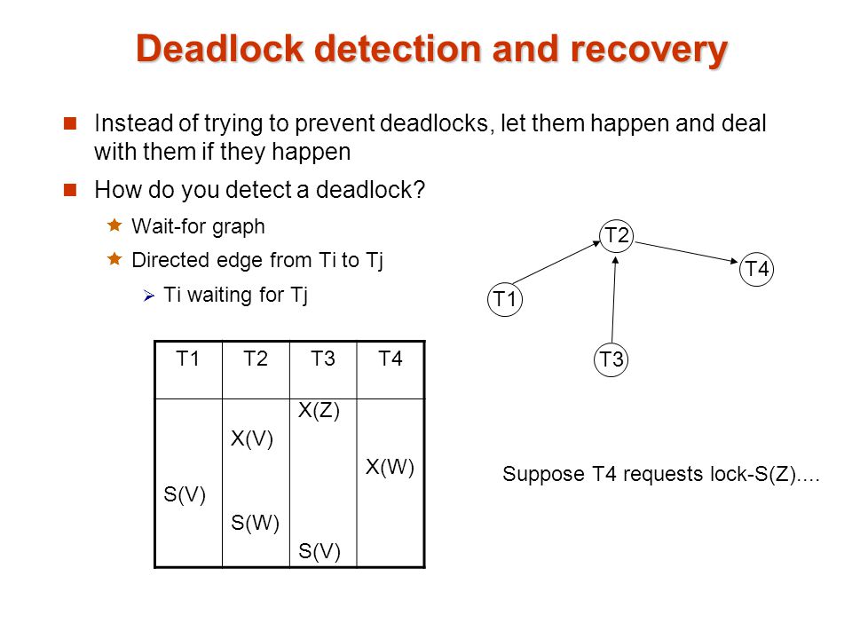 Deadlock detection and recovery Instead of trying to prevent deadlocks, let them happen and deal with them if they happen How do you detect a deadlock.