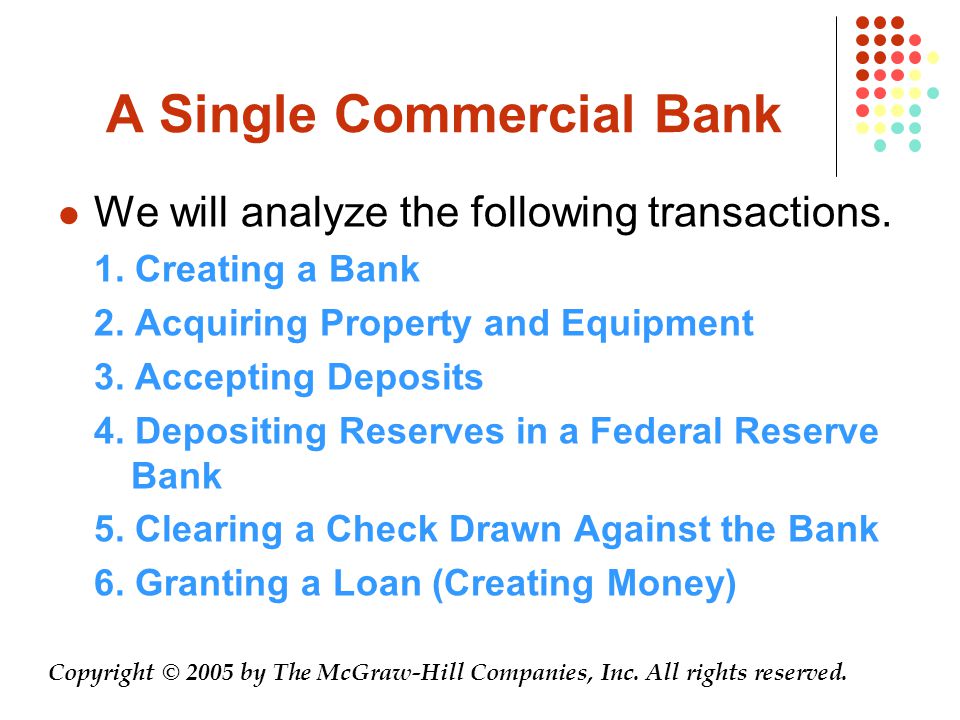 A Single Commercial Bank We will analyze the following transactions.