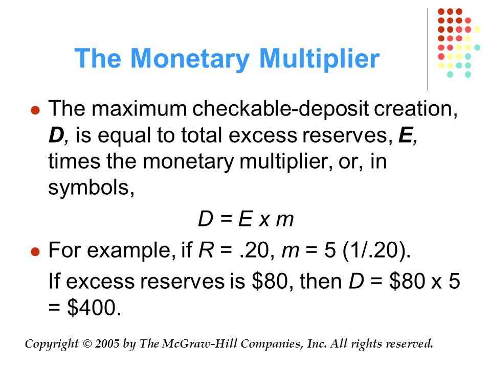The Monetary Multiplier The maximum checkable-deposit creation, D, is equal to total excess reserves, E, times the monetary multiplier, or, in symbols, D = E x m For example, if R =.20, m = 5 (1/.20).