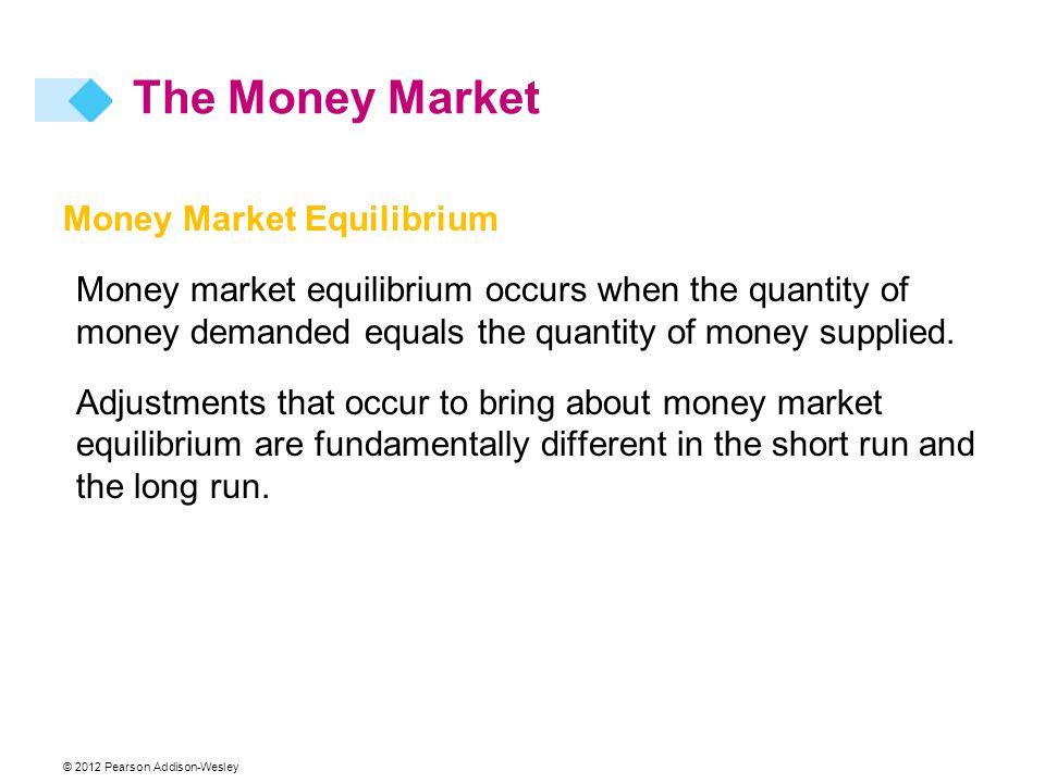 Money Market Equilibrium Money market equilibrium occurs when the quantity of money demanded equals the quantity of money supplied.