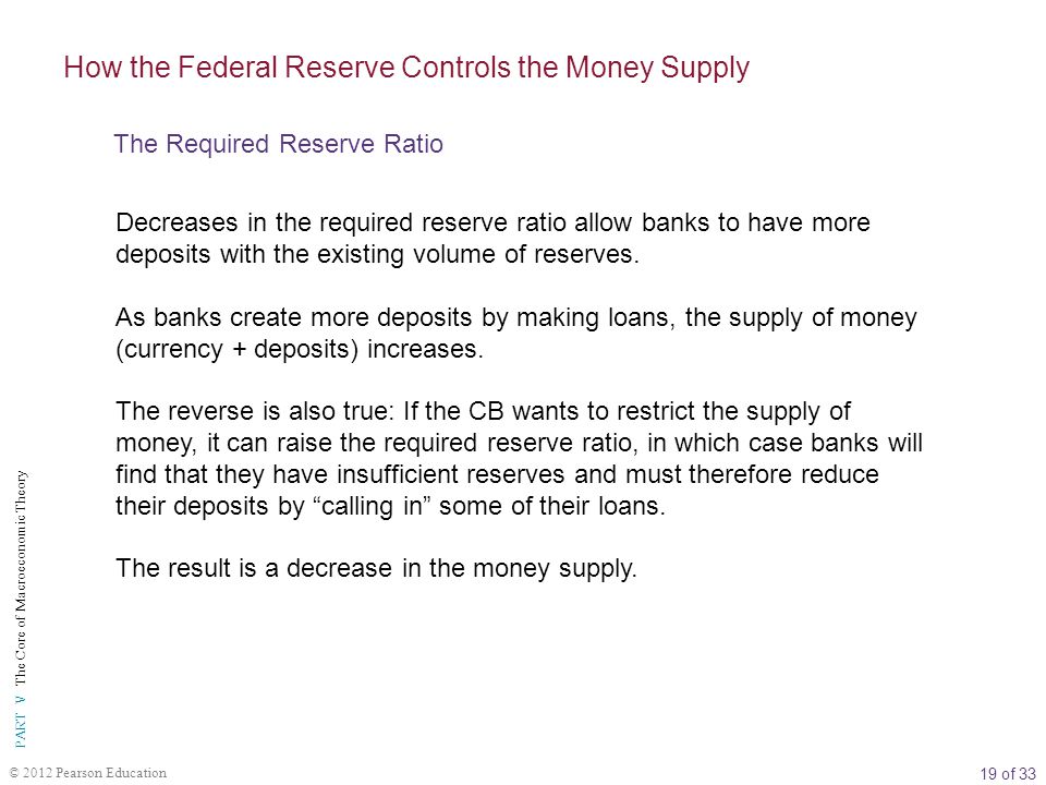 19 of 33 PART V The Core of Macroeconomic Theory © 2012 Pearson Education Decreases in the required reserve ratio allow banks to have more deposits with the existing volume of reserves.