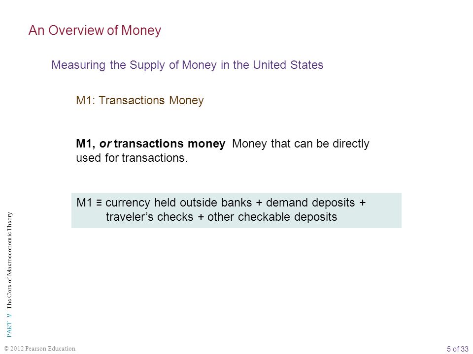 5 of 33 PART V The Core of Macroeconomic Theory © 2012 Pearson Education M1, or transactions money Money that can be directly used for transactions.