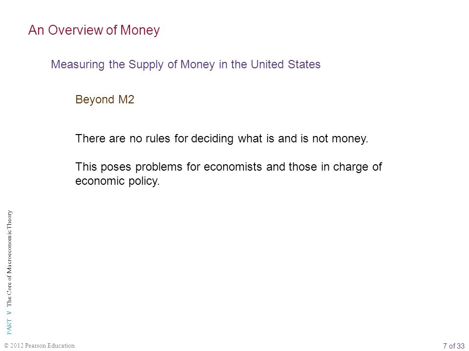 7 of 33 PART V The Core of Macroeconomic Theory © 2012 Pearson Education There are no rules for deciding what is and is not money.