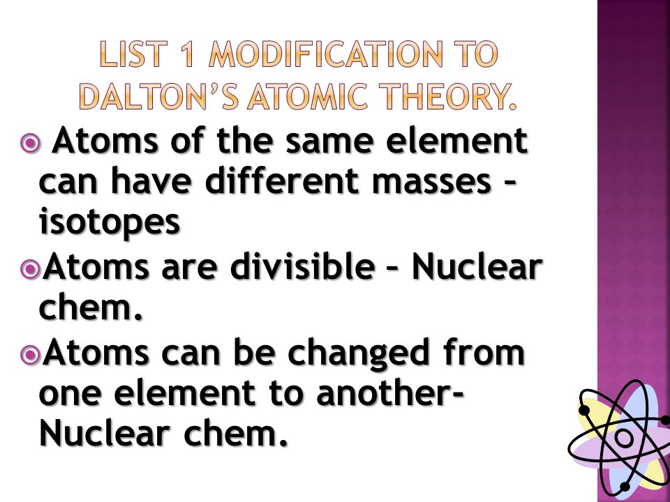  Atoms of the same element can have different masses – isotopes  Atoms are divisible – Nuclear chem.
