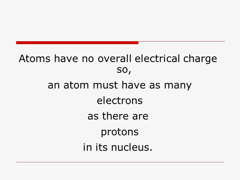 Atoms have no overall electrical charge so, an atom must have as many electrons as there are protons in its nucleus.